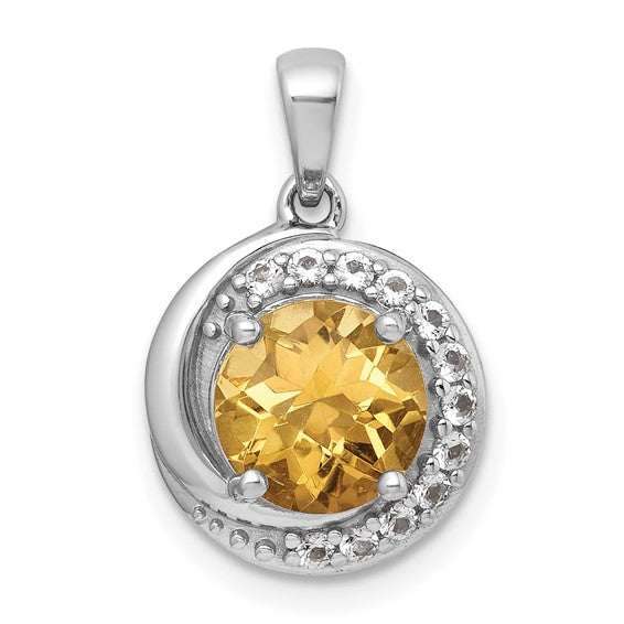 Sterling Silver White Gold Plated Polished Checker-cut Round Natural Citrine and White Topaz Circle Pendant