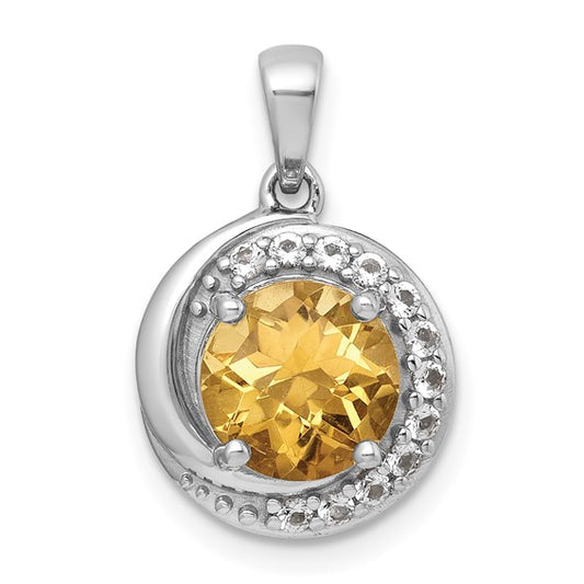 Sterling Silver White Gold Plated Polished Checker-cut Round Natural Citrine and White Topaz Circle Pendant