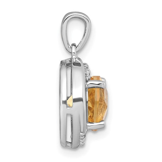 Sterling Silver White Gold Plated Polished Checker-cut Round Natural Citrine and White Topaz Circle Pendant