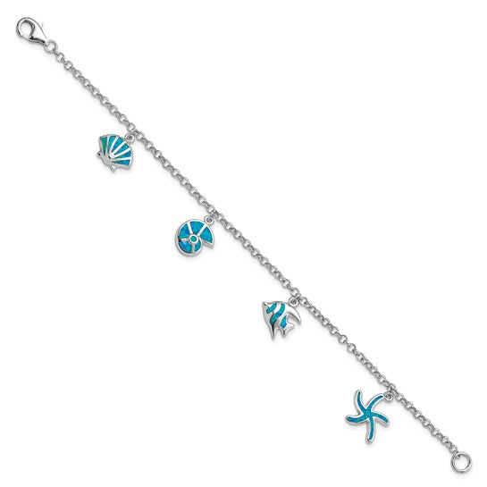 Sterling Silver White Gold Plated Sea Life Shells & Fish Bracelet Inlay Lab Created Blue Opal