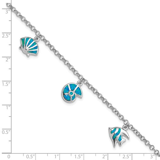 Sterling Silver White Gold Plated Sea Life Shells & Fish Bracelet Inlay Lab Created Blue Opal