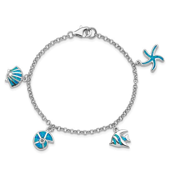 Sterling Silver White Gold Plated Sea Life Shells & Fish Bracelet Inlay Lab Created Blue Opal