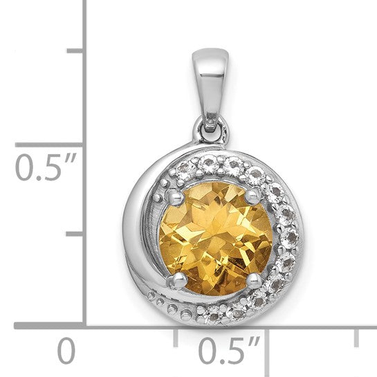 Sterling Silver White Gold Plated Polished Checker-cut Round Natural Citrine and White Topaz Circle Pendant