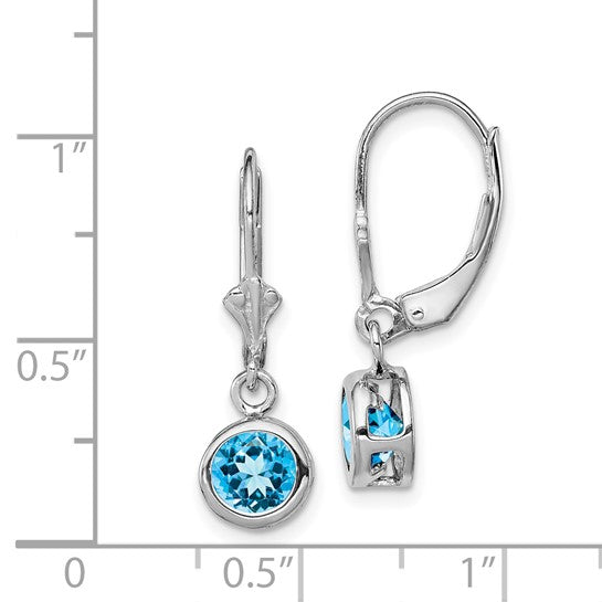 White Gold Filled Sterling Silver Natural Blue Topaz Bezel Leverback Earrings