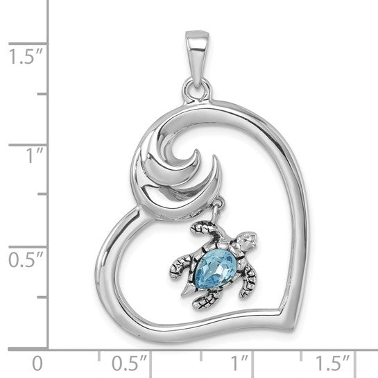 Sterling Silver Blue Crystal Heart Of The Ocean Wave Turtle Pendant