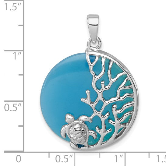 Sterling Silver Natural Blue Agate Turtle Sea Life Circle Pendant