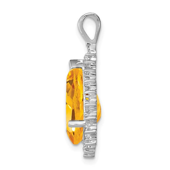 Sterling Silver White Gold Plated Pear Shaped Halo Natural Citrine & Diamond Pendant