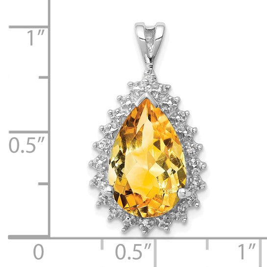 Sterling Silver White Gold Plated Pear Shaped Halo Natural Citrine & Diamond Pendant