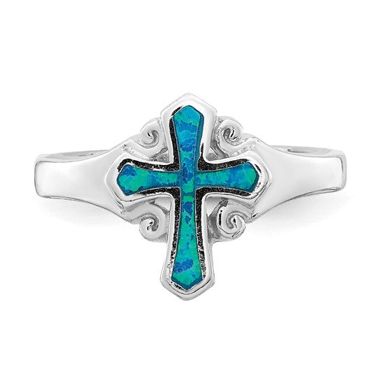 Sterling Silver Lab Created Blue Opal Cross Ring