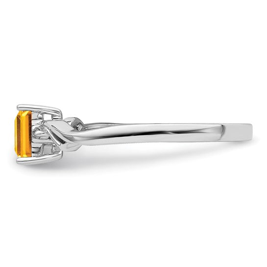 Sterling Silver White Gold Plated Natural Citrine & Diamond Square .5Carat Ring