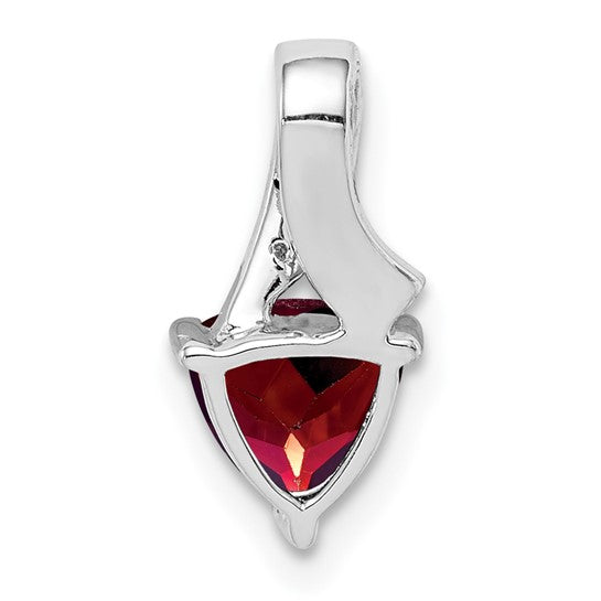 Sterling Silver Rhodium Plated Natural Garnet & Diamond Trillion Pendant