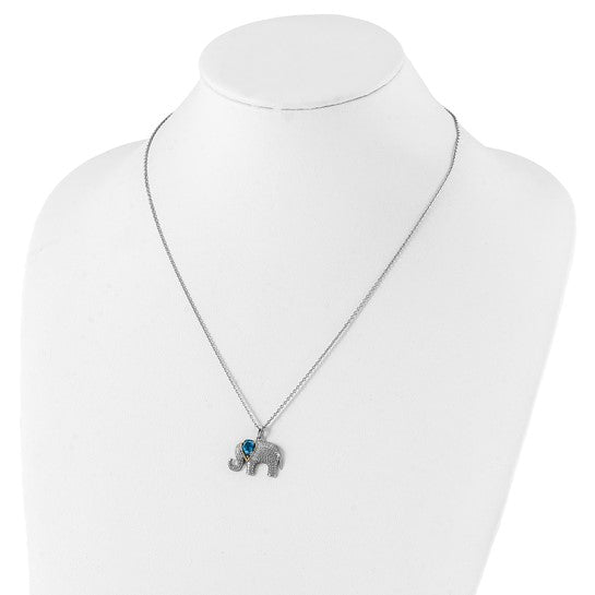 White Gold Filled Sterling Silver Elephant Blue Topaz Pendant & Necklace