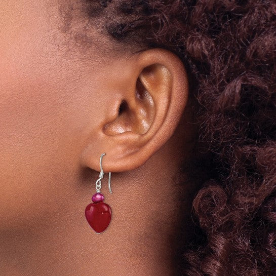 Heart Dangle Earrings Natural Coral & Jade Pearl Sterling Silver