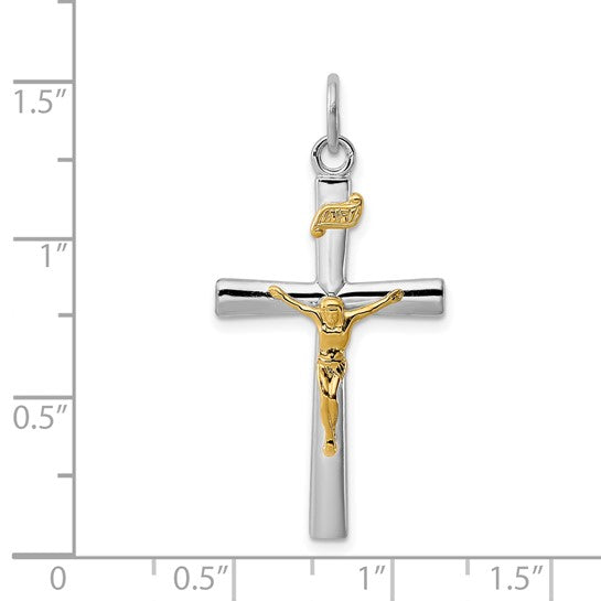Two Tone INRI Cross Sterling Silver White Gold Planted