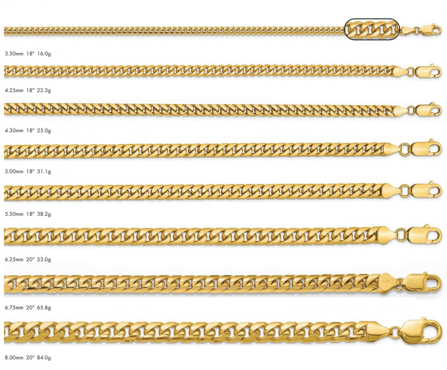 14K Solid Miami Cuban Link Chain Yellow Gold