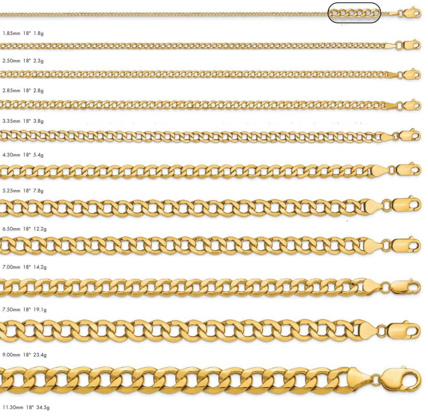 14K Semi Solid Curb Chain Yellow Gold
