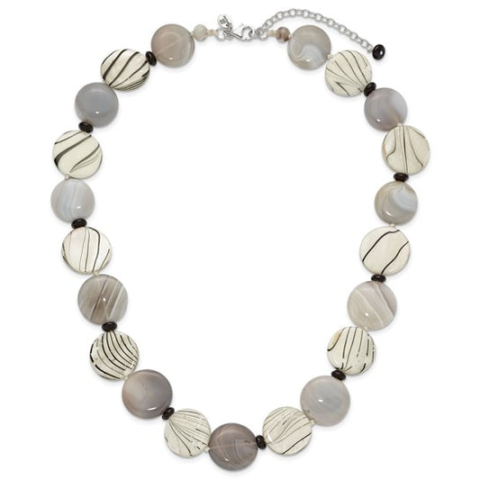 Zebra Mother Of Pearl, Natural Agate, & Natural Sardonyx Necklace Sterling Silver