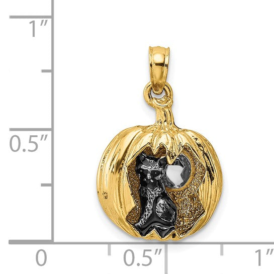 14K 3D Pumpkin And Cat Moon Pendant