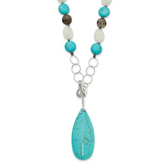 Turquoise Magnesite, Howlite, Jade, & Smokey Quartz Necklace Sterling Silver