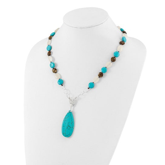 Turquoise Magnesite, Howlite, Jade, & Smokey Quartz Necklace Sterling Silver