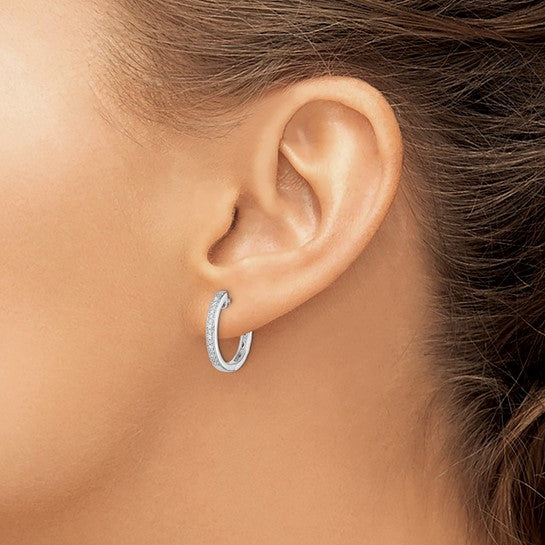 White Gold Filled Sterling Silver Diamond Hinged Hoop Earrings