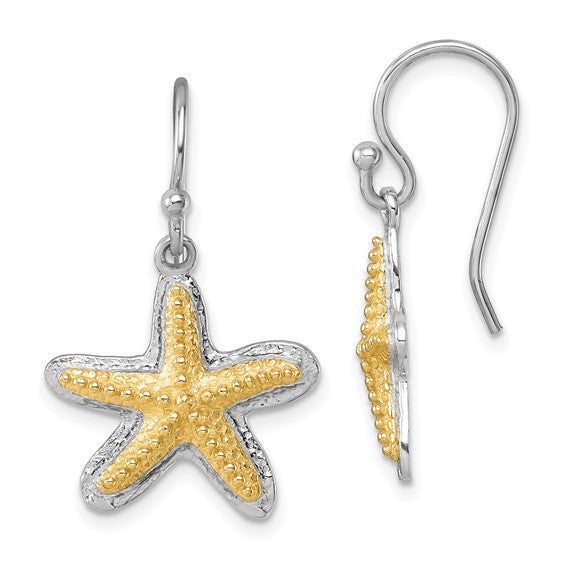 Sterling Silver 14K Gold Two Tone Star Fish Dangle Earrings