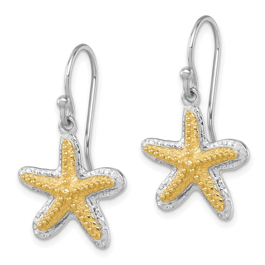 Sterling Silver 14K Gold Two Tone Star Fish Dangle Earrings