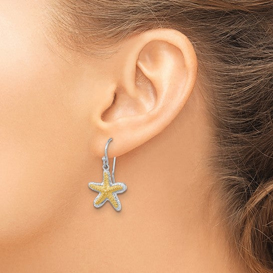Sterling Silver 14K Gold Two Tone Star Fish Dangle Earrings