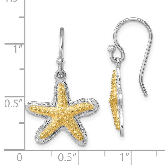 Sterling Silver 14K Gold Two Tone Star Fish Dangle Earrings
