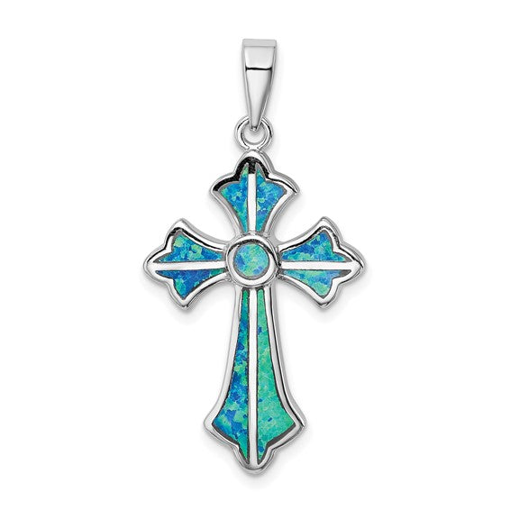 Sterling Silver White Gold Plated Lab Created Blue Opal Inlay Cross