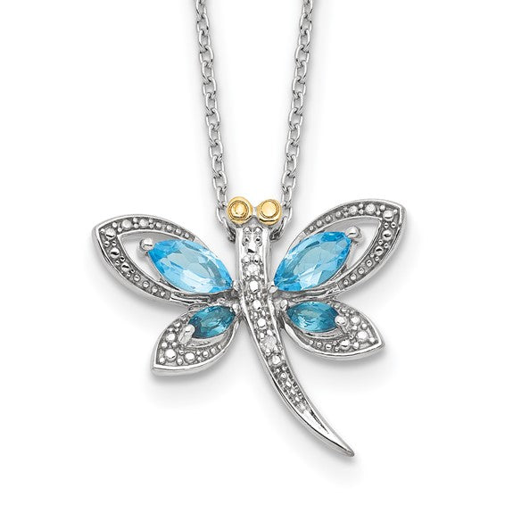 White Gold Filled Sterling Silver Dragon Fly Blue Topaz Pendant