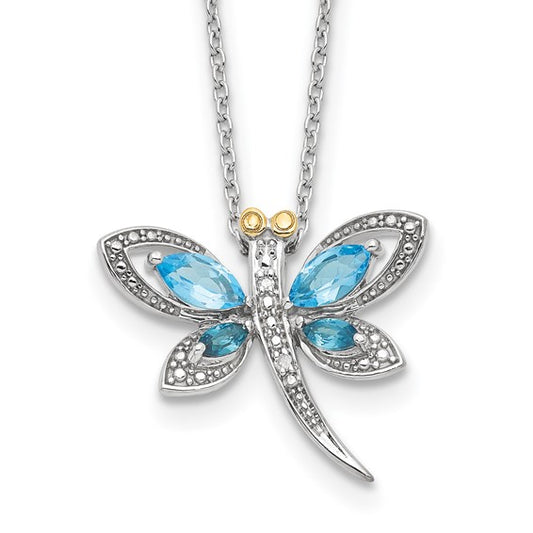 White Gold Filled Sterling Silver Dragon Fly Blue Topaz Pendant