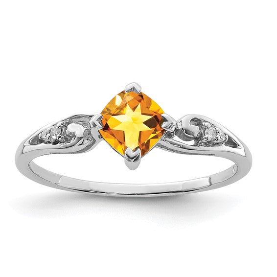 Sterling Silver White Gold Plated Diamond Shape Natural Citrine & Diamond Ring
