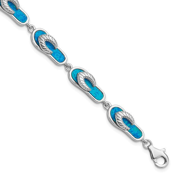 Sterling Silver White Gold Plated Flip Flop Sandal Lab Created Opal Bracelet