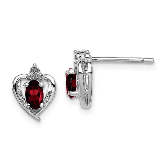 Sterling Silver Natural Garnet & Diamond Heart Outline Earrings