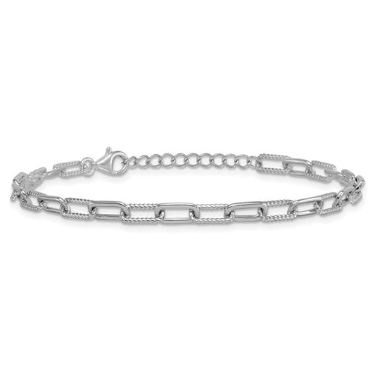 White Gold Filled Sterling Silver Rope Textured Paperclip Bracelet
