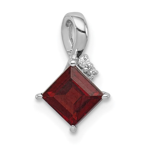 Sterling Silver Rhodium Plated Square Cut Natural Garnet & Diamond Pendant