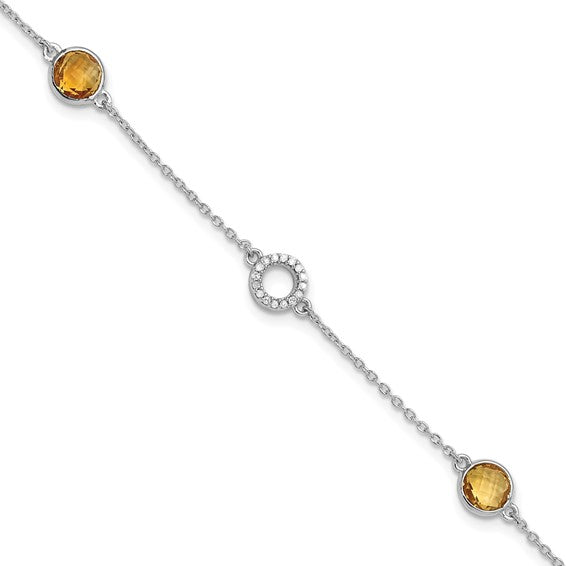 White Ice Sterling Silver White Gold Plated Natural Citrine Gemstone Bracelet