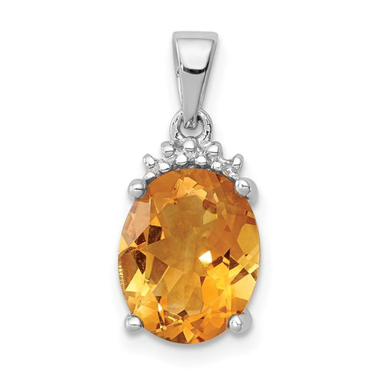 Sterling Silver White Gold Plated Center Natural Citrine & Diamond Crown Pendant