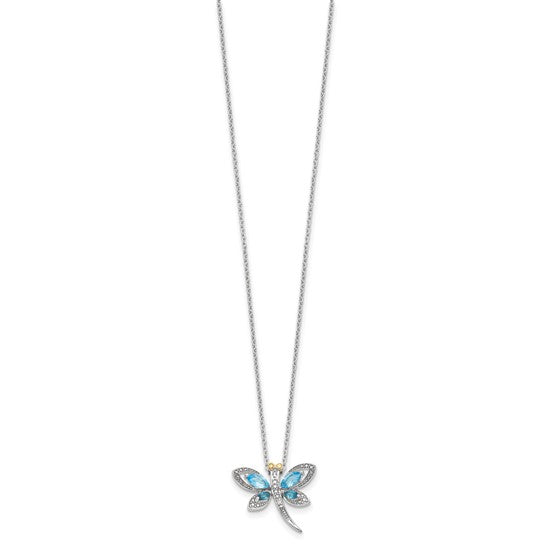 White Gold Filled Sterling Silver Dragon Fly Blue Topaz Pendant