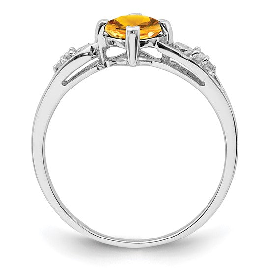 Sterling Silver White Gold Plated Diamond Shape Natural Citrine & Diamond Ring