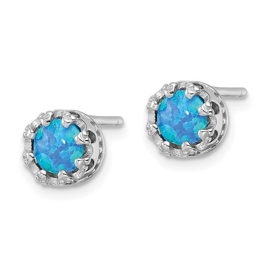 Sterling Silver White Gold Plated Lab Created Opal Stud Earrings
