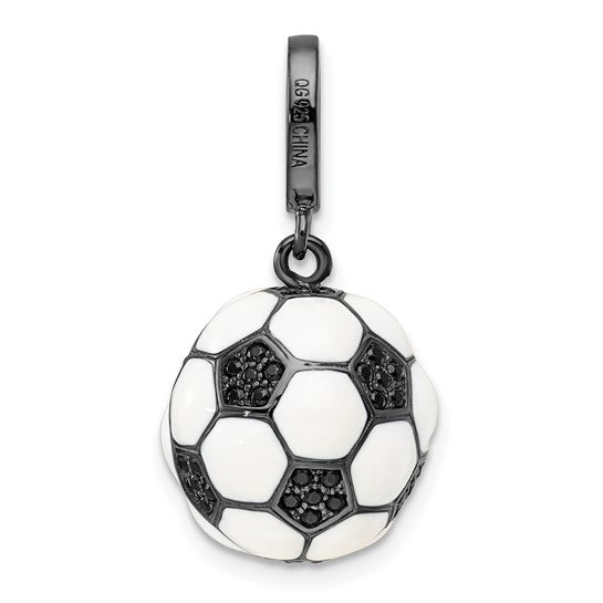 Sterling Silver 3D Soccer Ball Pendant With Black CZ Stones White Gold Plated