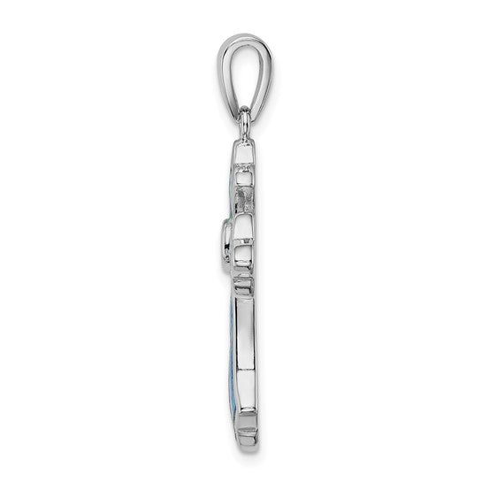 Sterling Silver White Gold Plated Lab Created Blue Opal Inlay Cross