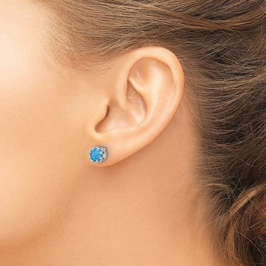 Sterling Silver White Gold Plated Lab Created Opal Stud Earrings