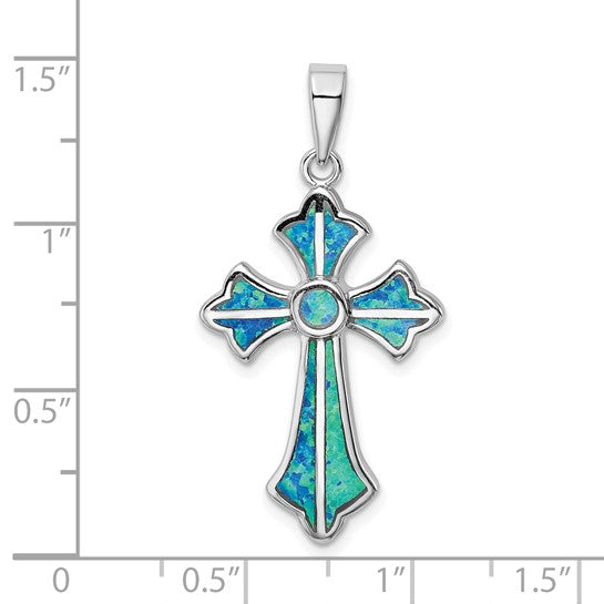 Sterling Silver White Gold Plated Lab Created Blue Opal Inlay Cross