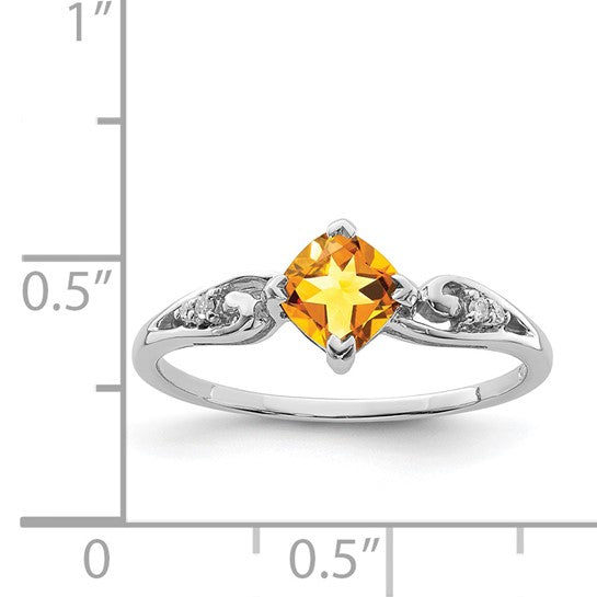 Sterling Silver White Gold Plated Diamond Shape Natural Citrine & Diamond Ring
