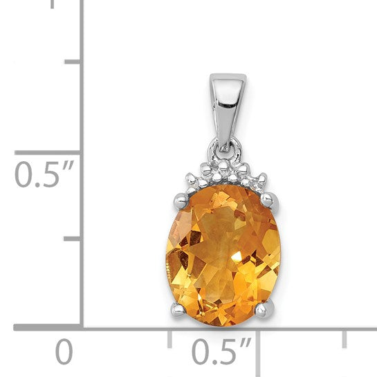 Sterling Silver White Gold Plated Center Natural Citrine & Diamond Crown Pendant