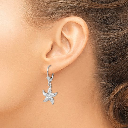 Sterling Silver Rhodium Plated Star Fish Dangle Earrings