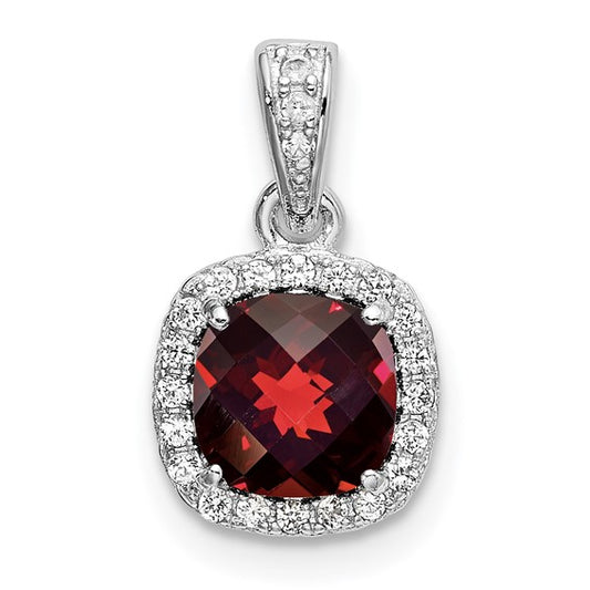 Sterling Silver 1 Carat Cushion Cut Garnet & White Sapphire Halo Pendant